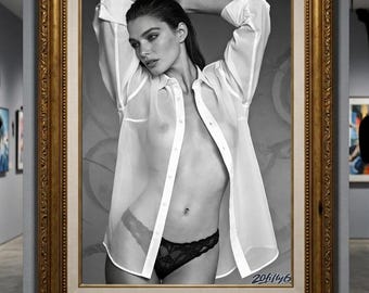 Digital Download Printable Wall Art | Black and White Editorial Print | Sheer Shirt Model Poster | Modern Wall Decor | Digital Print