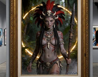 Tribal Warrior Digital Download | Dark Fantasy Printable Wall Art | Amazonian Goddess Digital Print | Mystic Jungle Wall Decor | 20Fifty6