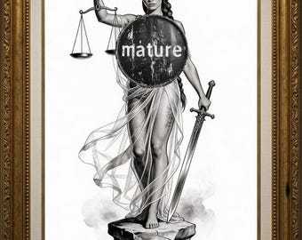 Digital Download Lady Justice Wall Art | Legal Office Decor | Goddess of Justice Noir Ink Sketch | Printable Digital Print Wall Décor