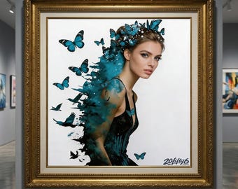Digital Download Blue Butterfly Wall Decor | Surreal Woman Digital Print | Printable Wall Art Teal Poster | Instant Download | 20Fifty6