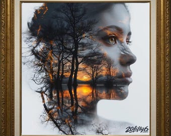 Surreal Woman Digital Download | Sunset Forest Printable Wall Art | Double Exposure Digital Print | Nature Portrait Wall Decor