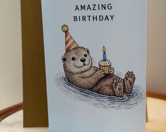 Tarjeta de cumpleaños de nutria hecha a mano – Divertida tarjeta de felicitación con juego de palabras sobre animales