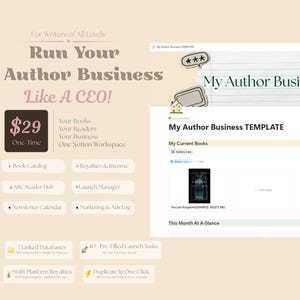 Pode incluir: Um modelo digital para autores, com o texto "Run Your Author Business Like A CEO!" e "My Author Business TEMPLATE." A imagem inclui uma interface de espaço de trabalho Notion, uma etiqueta de preço e marcadores.