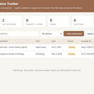 Puede incluir: Una interfaz digital de seguimiento de consultas y envíos con encabezado marrón, cuadros de resumen para total, en revisión y tasa de respuesta, barra de búsqueda y una tabla que enumera títulos como The King's Road y su estado.
