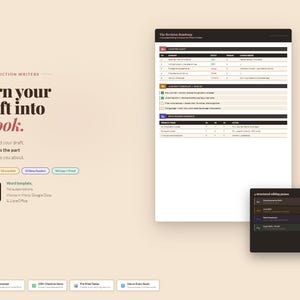 Puede incluir: Anuncio de un producto digital para escritores de ficción. La imagen presenta un documento titulado "The Revision Roadmap" y otro más pequeño titulado "A structured editing process". El texto incluye "Convierte tu borrador en un libro."