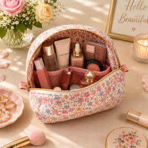 May include: A dome-shaped cosmetic bag featuring a pink, blue, and yellow floral print on a white background. The interior is lined with matching fabric and contains various skincare and makeup products, including tubes, a palette, and a compact.