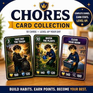 Può includere: Una collezione di carte intitolata "CHORES" presenta tre carte: "Take Out The Trash", "Water The Plants" e "Clean Your Room". Ogni carta mostra un valore in punti e un'icona a scudo. Le carte sono su una superficie di legno con il testo "BUILD HABITS. EARN POINTS. BECOME YOUR BEST."