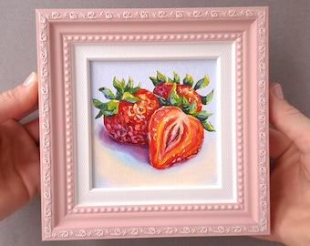 Erdbeere Ölgemälde: Kleine Leinwand Original Ölbild 10x10cm Bild Erdbeere gerahmt