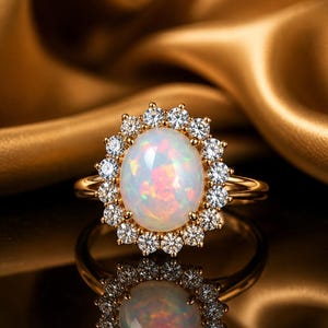 Anillo con halo de ópalo etíope natural, anillo de compromiso vintage de moissanita estilo art déco