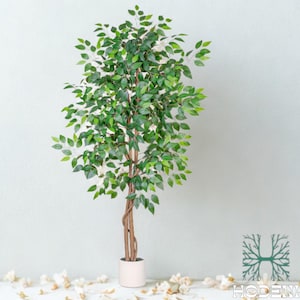 May include: A tall artificial ficus tree with vibrant green leaves and a brown trunk. The tree is potted in a white cylindrical pot. The leaves are a mix of light and dark green. The tree is a decorative item for home or office.