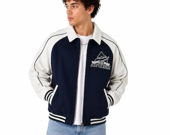 Herren AVIREX Klassische Wolle & Echtleder Varsity Jacke Vintage Bomberjacke Streetwear, Geschenk für Ihn