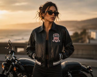 Avirex USA Icon abgeschnittene schwarze Leder Bomberjacke Rindsleder American Flight Streetwear Frauen Bikerjacke, Geschenk für sie