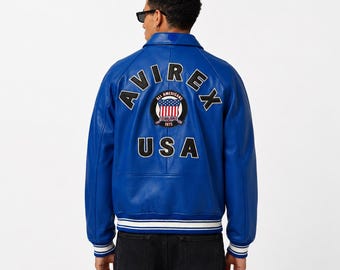 Avirex Blaue klassische Ikone aus echtem Leder, handgefertigte Bomberjacke, Geschenk für ihn