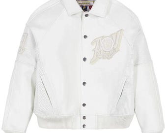 Avirex Leder Bomberjacke Gesticktes Logo Gold Club Weiße Rindsleder Bikerjacke, Geschenk für Ihn