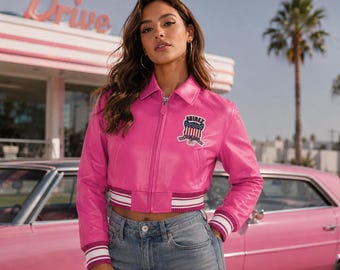 Avirex Frauen American Cropped Pink Avirex Biker Lederjacke Flugjacke, Geschenk für Sie