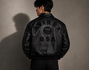 Avirex Herren USA Schwarze Leder Bomberjacke, American Flight Streetwear Biker Style