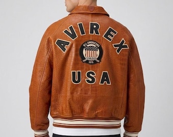 Avirex Braune Leder Bomberjacke Herren - Echte Rindsleder American Military Fliegerjacke - Streetwear Vintage Geschenk für Ihn