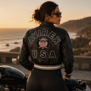 以下が含まれることがあります： 背中に「AVIREX USA」の文字が入った、白いトリム付きの黒い革のジャケット。 ジャケットには赤、白、青のデザインのパッチが付いています。 黒いオートバイが近くに駐車されています。