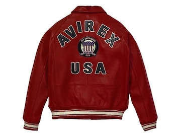 Avirex Herren Red USA Icon Leder Bomberjacke Rindsleder American Flight Streetwear Bikerjacke, Geschenk für Ihn