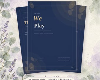 May include: A set of dark blue rectangular cards featuring the text The Roles We Play, 36 prompts, 6 roles, one honest question, and the quote Who are you when nobody needs anything from you? The cards are displayed in a layered fan arrangement.