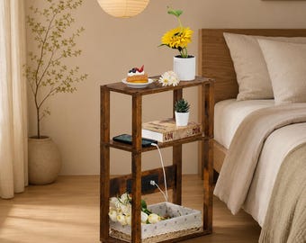 C Shaped End Table with Charging Station | Narrow Side Table with Power Outlet & USB Ports | Space Saving Sofa Table for Small Spaces