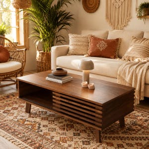 May include: A rectangular dark wood coffee table featuring a slatted sliding door design on the front, an open storage shelf, and four tapered legs. A small mushroom-shaped lamp, two books, and two small white candle holders sit on the surface.