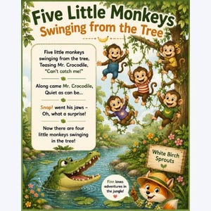 May include: A colorful poster titled Five Little Monkeys Swinging from the Tree featuring five cartoon monkeys on vines, a green crocodile in water, and a fox wearing a hat. The text includes the nursery rhyme lyrics and the words White Birch Sprouts.
