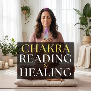 May include: A woman in a meditative pose with eyes closed, hands on chest, and a colorful aura. The image features the text "CHAKRA READING & HEALING" in a gold and white font, suggesting a wellness or spiritual theme. Plants and candles are in the background.