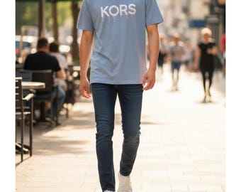 Michael Kors Blue Embellished "KORS" Logo T-Shirt - Size Large