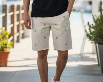 J.Crew Men's Broken-In Embroidered Nautical Flag Chino Shorts - White/Cream - Size 34