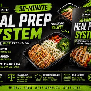 Könnte beinhalten: Werbebild für das 30-Minuten-Meal-Prep-System von LeanPrep & Co. Das Bild zeigt zubereitete Mahlzeiten in schwarzen Behältern, ein Kochbuch und Text, der die Vorteile des Systems hervorhebt: 20 Rezepte unter 30 Minuten, hoher Proteingehalt und einfache Zubereitung.