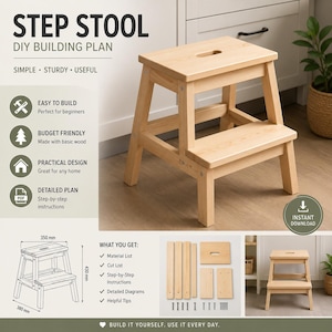 May include: A light-coloured wooden two-step stool with a rectangular top featuring a handle cutout. The image includes text reading STEP STOOL DIY BUILDING PLAN, diagrams with 350 mm, 380 mm, and 430 mm dimensions, and a list of included components.