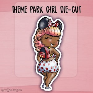 May include: A cartoon illustration of a girl wearing a red and white polka dot dress, a red backpack with Mickey Mouse ears, and a red bow in her hair. She has pink and yellow hair and is smiling. The image is a die-cut sticker.
