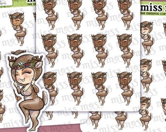 Fawn Deer Cottagecore Girl Vinyl Planner Stickers - fall stickers, deer stickers, fawn stickers, flower fawn, flower crown