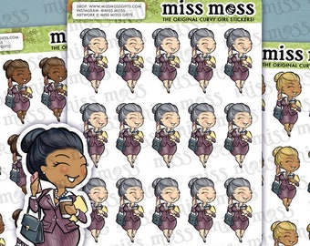 May include: Sheet of stickers featuring illustrations of a curvy businesswoman in a purple suit, holding a coffee cup, briefcase, and notepad. The stickers have the text "miss moss THE ORIGINAL CURVY GIRL STICKERS!" and "miss moss gifts" on them.