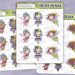 May include: A sheet of stickers featuring 16 different illustrations of fairies with various hairstyles, wings, and floral accents. The stickers are printed on white paper and have a glossy finish. The text "miss moss THE ORIGINAL CURVY GIRL STICKERS!" is printed at the top of the sheet.