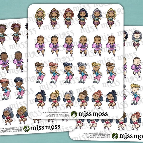 Mini Fitness Workout Waterproof Vinyl Planner Stickers - Miss Moss Gifts, Thick Girl Stickers, Plus Size, Curvy Girl