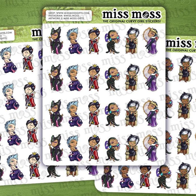 May include: A sheet of stickers featuring various cartoon illustrations of the Evil Queen and Maleficent from Disney's classic animated films. The stickers are in a variety of poses and expressions, and they are all in a colorful, whimsical style. The stickers are perfect for adding a touch of Disney magic to your planner, laptop, water bottle, or any other surface.