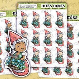 May include: Sheets of stickers featuring a cartoon gnome girl with a red hat and dress, holding a basket of blue flowers. The stickers have a white border and the text "miss moss THE ORIGINAL CURVY GIRL STICKERS!"