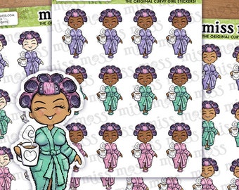 May include: A sheet of stickers featuring a cartoon woman in a robe holding a cup of coffee. The woman has curly hair and is wearing rollers. The stickers are printed on white paper and have a glossy finish. The text "miss moss" and "the original curvy girl stickers!" is printed at the top of the sheet.