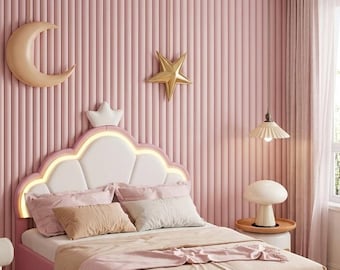 Pink Velvet Princess Bed with Light-Up Crown Headboard, Shell Design Children's Bed for Girls, Girls' Bedroom Furniture - Gifts