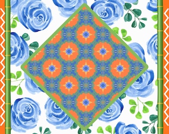 Tapete de mahjong, azul y naranja, floral