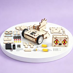 May include: A disassembled wooden robot kit with various components, including a chassis, wheels, gears, and a remote control. The kit features a light wood finish and includes electronic parts and screws, all arranged on a white surface.