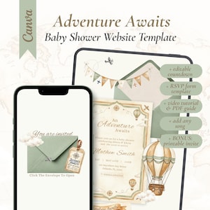 May include: A digital baby shower website template featuring an adventure theme with hot air balloons, airplanes, and maps. The display shows an invitation with the text Adventure Awaits, an envelope, and a list of features including a countdown.