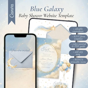 May include: A digital baby shower website template titled Blue Galaxy featuring a celestial theme with a gold crescent moon, stars, and clouds. The display shows an invitation with an envelope, a countdown, RSVP form, and a printable invite option.