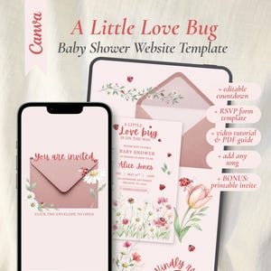 Ladybug Digital Baby Shower Invitation Website Template, A Little Love Bug Mobile Invite Canva With RSVP Pink Red Floral Botanic Its a Girl