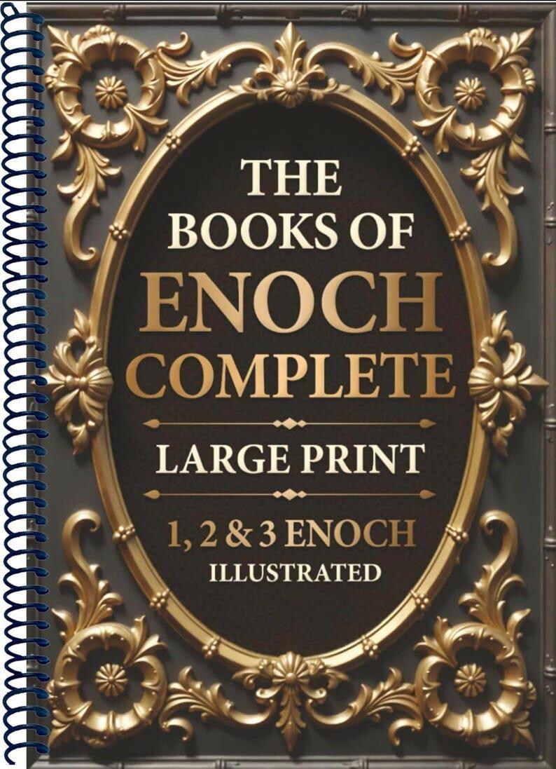 Op de afbeelding: Een spiraalgebonden boek met de titel "The Books of Enoch Complete". De omslag heeft een sierlijke gouden lijst met de tekst in gouden letters. Het boek is gelabeld "Large Print" en "Illustrated".