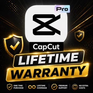 May include: A promotional graphic for CapCut Pro featuring a black and white logo on a white background. The image includes text that reads "LIFETIME WARRANTY" in large, gold letters, along with other supporting text and icons.