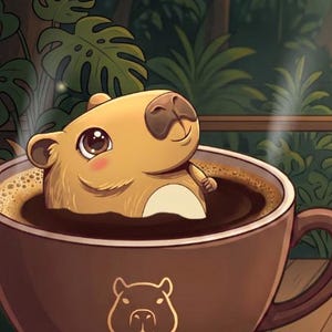 May include: A tan capybara with large dark eyes and a small pink cheek sits inside a large brown ceramic coffee mug filled with dark liquid. The mug features a gold-colored outline of a capybara head on the front and emits wisps of steam.