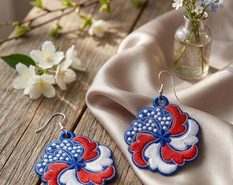 Patriotic USA Flag Flower Lace Earrings, Freestanding Embroidery Design (Digital Download)